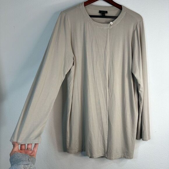 J. Jill Wearever Collection Women Tan One Button Tunic Cardigan Large Minimalist - Picture 4 of 9